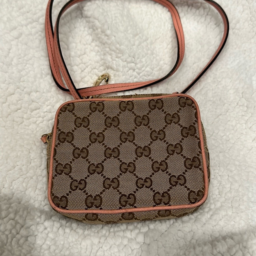 Gucci pink leather beige canvas mini crossbody bag neo vintage